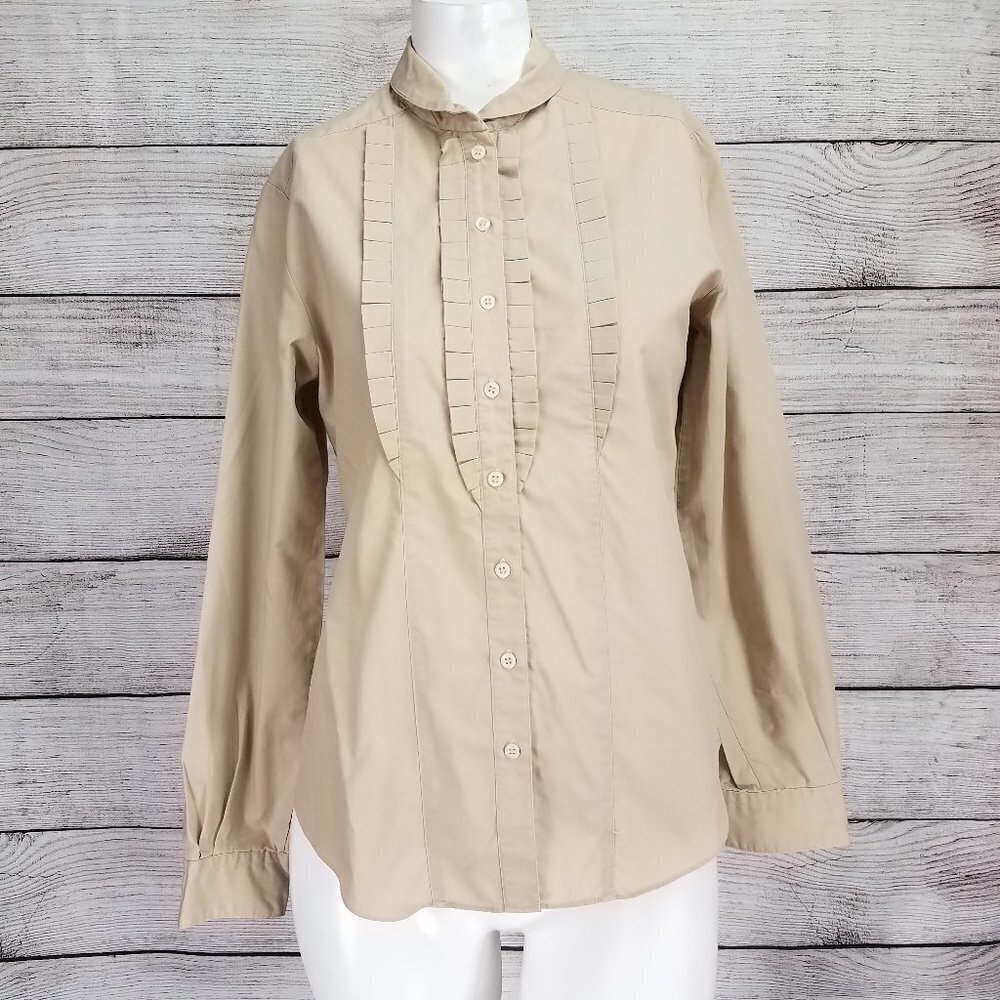 Vintage Haberdasher S Pleated Button front Shirt Top Blouse Beige Long Sleeve